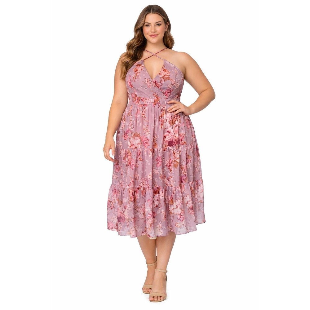 NEW Lulus XL Pink Floral Midi Dress Chiffom Tiered Haltwe V-neck Party Cocktail